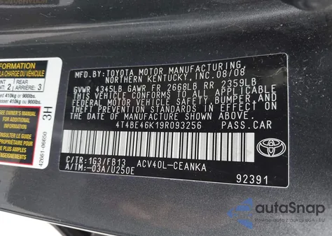2009 Toyota Camry Le из США, поврежденный, VIN 4T4BE46K19R093256